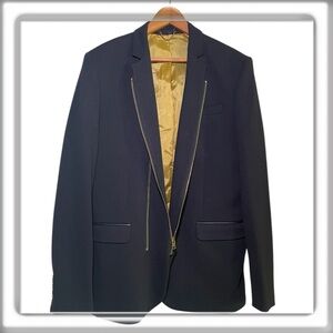 Valiant Paris Mens Jacket Blazer Navy Blue Gold Zipper Front Evening Size 44 XXL